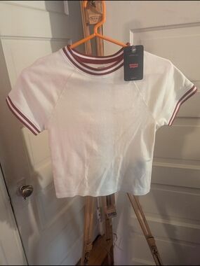 Levi's White Ringer Crop Tee with Maroon Stripes